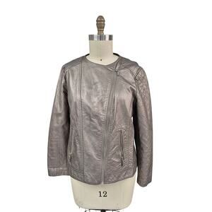 Chicos Metallic Gold Bronze Quilted Biker Jacket Asymmetrical Zip Size 2 M/L